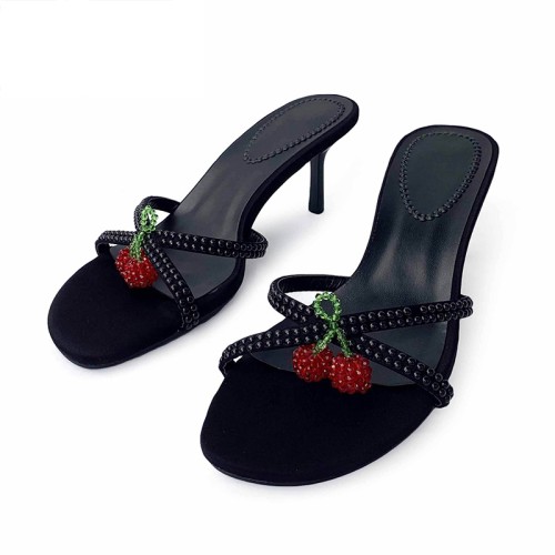 Sexy black narrow strap high heel open slippers