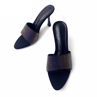Luxurious colorful rhinestone high heel open slippers