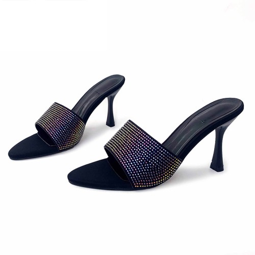 Luxurious colorful rhinestone high heel open slippers