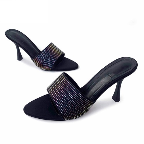 Luxurious colorful rhinestone high heel open slippers
