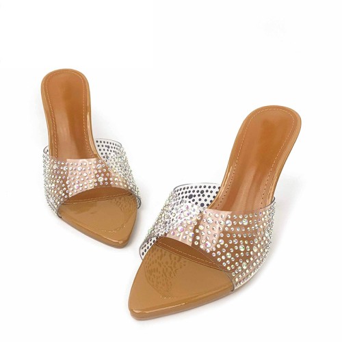 Fashion transparent rhinestone high heel open slippers