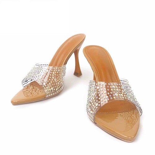 Fashion transparent rhinestone high heel open slippers