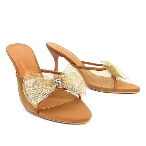 Mesh bow embellished high heel open slippers
