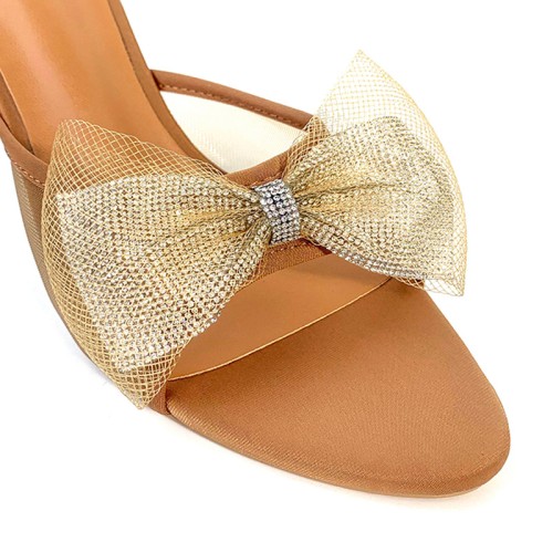 Mesh bow embellished high heel open slippers
