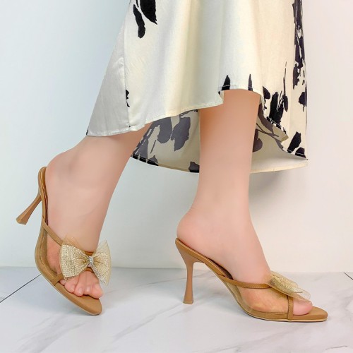 Mesh bow embellished high heel open slippers