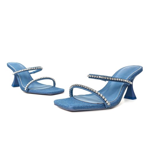 Blue square toe rhinestone high heel open slippers