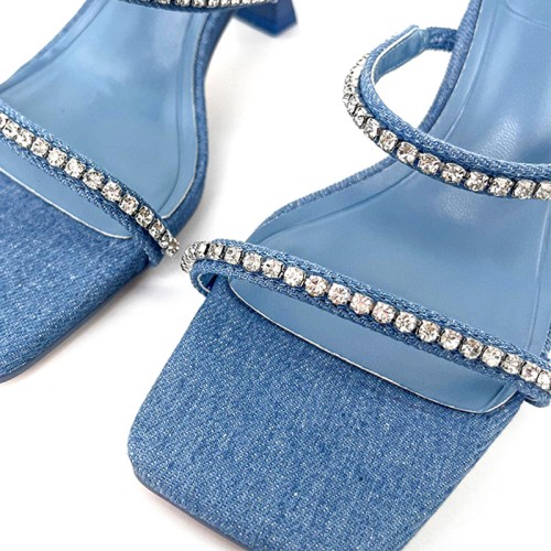 Blue square toe rhinestone high heel open slippers