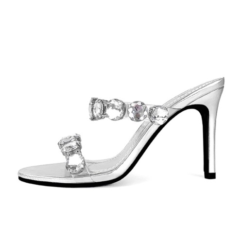Silver leather rhinestone high heel open slippers
