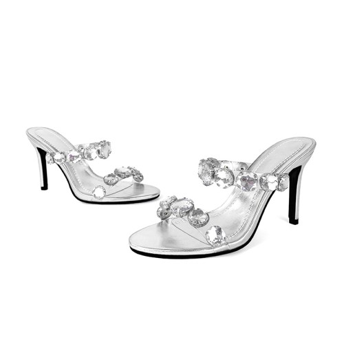 Silver leather rhinestone high heel open slippers