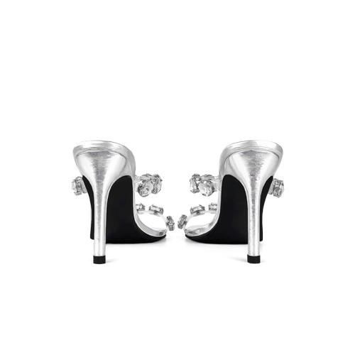 Silver leather rhinestone high heel open slippers