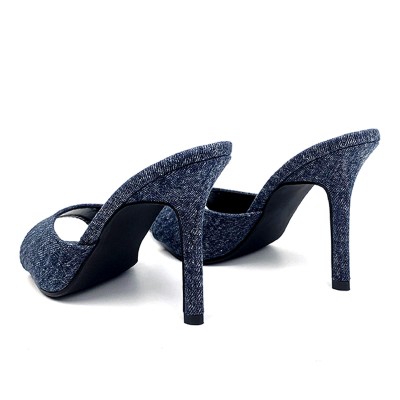 Pointed-toe denim high-heeled open slides
