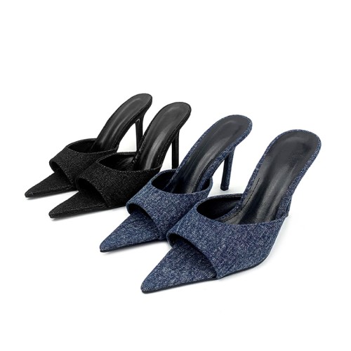 Pointed-toe denim high-heeled open slides