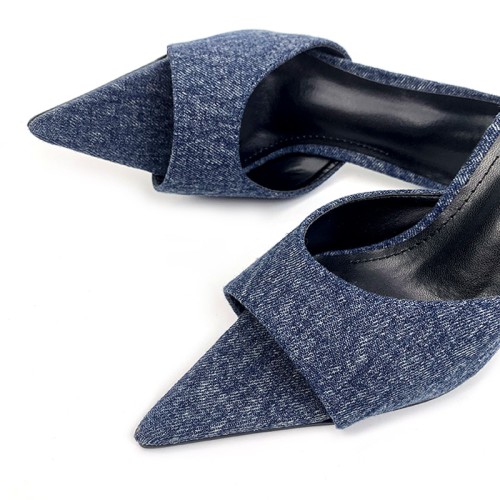 Pointed-toe denim high-heeled open slides