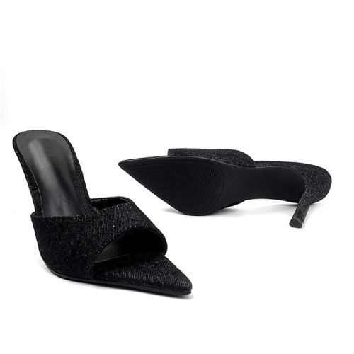 Pointed-toe denim high-heeled open slides