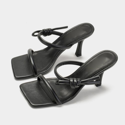 Fashionable unique lace-up knot high heel open slippers