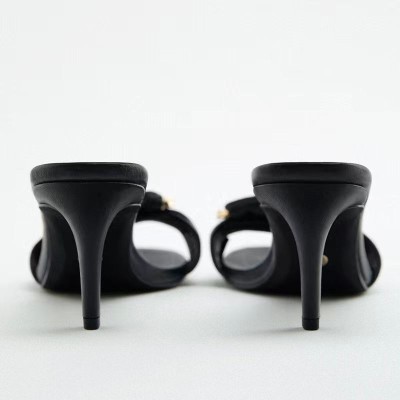 Luxury metal buckle high heel open slippers