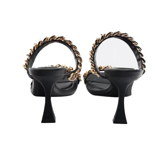 Black metal chain design high heel open slippers