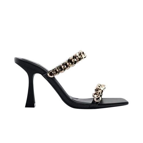 Black metal chain design high heel open slippers