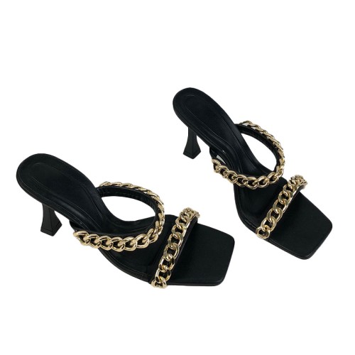 Black metal chain design high heel open slippers