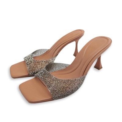 Square toe luxury rhinestone high heel open slippers