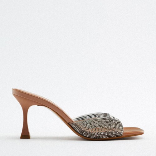 Square toe luxury rhinestone high heel open slippers