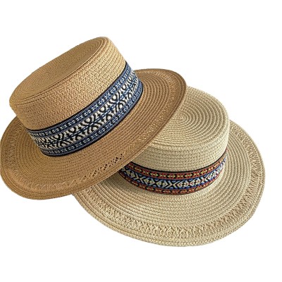 High quality embroidered ribbon women's woven straw hat