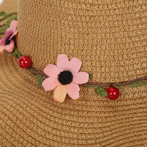 Elegant wreath wide brim ladies woven straw hat
