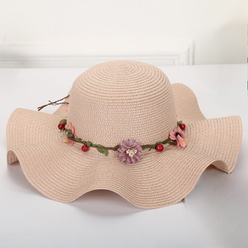 Elegant wreath wide brim ladies woven straw hat