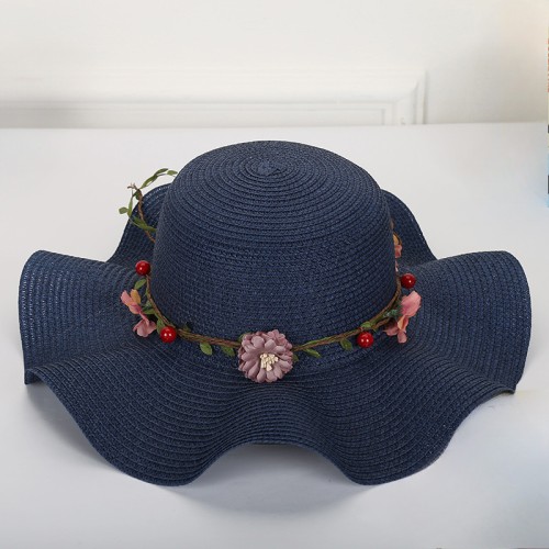 Elegant wreath wide brim ladies woven straw hat