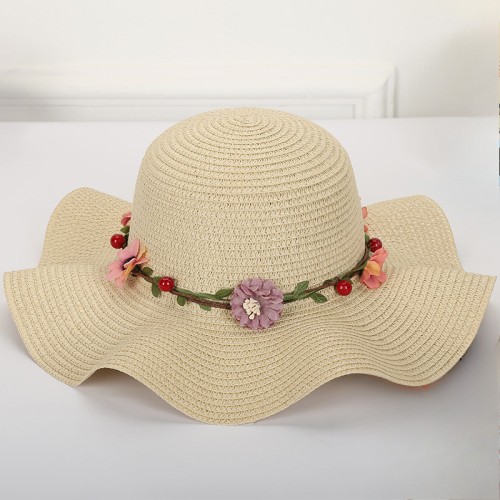 Elegant wreath wide brim ladies woven straw hat