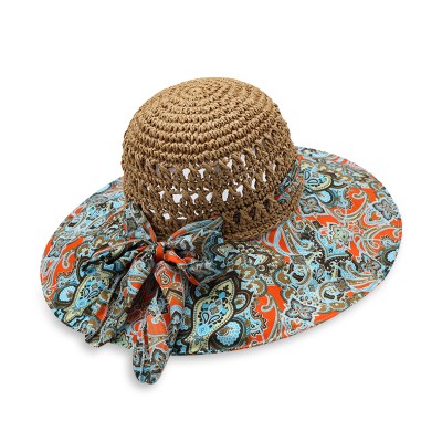 Printed wide brim women's hollow woven straw hat
