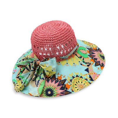 Printed wide brim women's hollow woven straw hat
