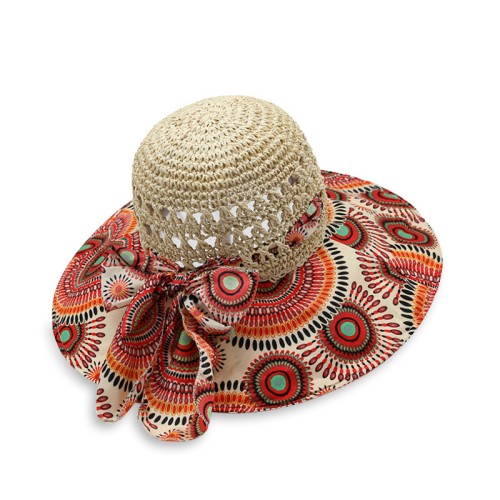 Printed wide brim women's hollow woven straw hat