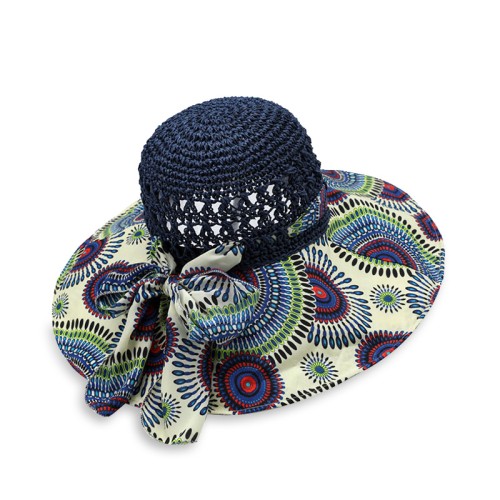 Printed wide brim women's hollow woven straw hat