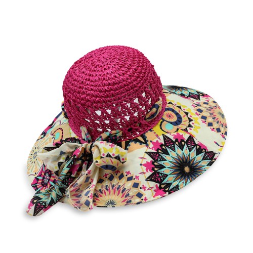 Printed wide brim women's hollow woven straw hat