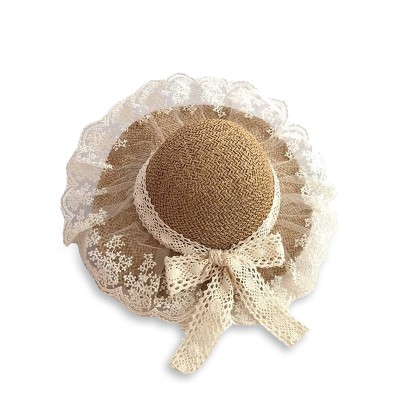 Bow lace wide brim women's woven straw hat