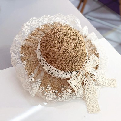 Bow lace wide brim women's woven straw hat