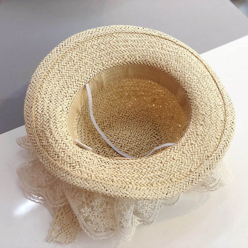 Bow lace wide brim women's woven straw hat