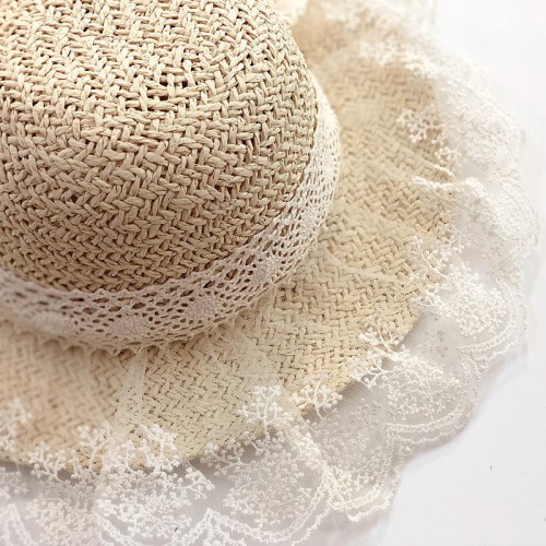 Bow lace wide brim women's woven straw hat