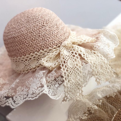 Bow lace wide brim women's woven straw hat