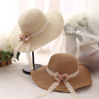 Floral lace wide-brimmed women's straw hat