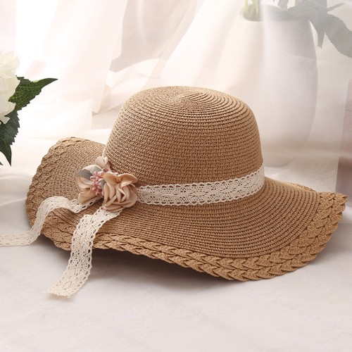 Floral lace wide-brimmed women's straw hat