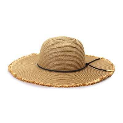 Women's woven straw hat with raw edge and wide brim