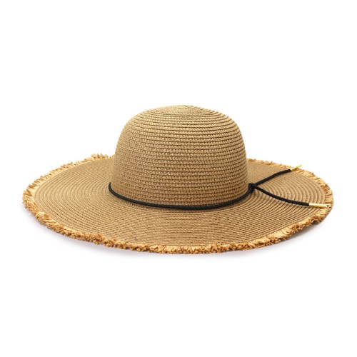 Women's woven straw hat with raw edge and wide brim