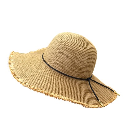 Women's woven straw hat with raw edge and wide brim