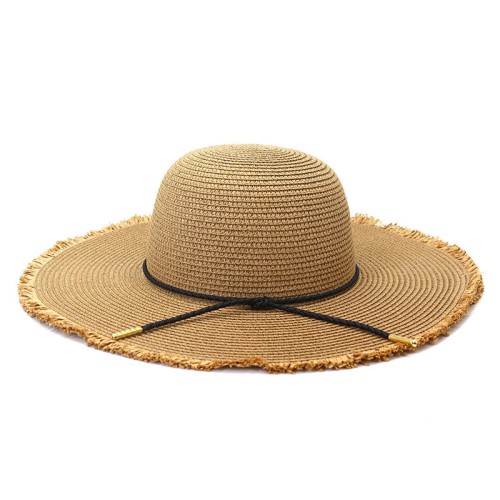 Women's woven straw hat with raw edge and wide brim