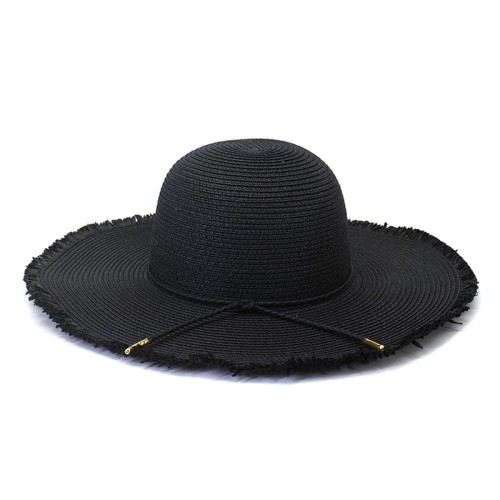 Women's woven straw hat with raw edge and wide brim