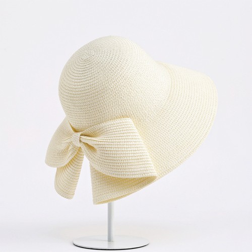 Women's wide-brimmed slit bow woven straw hat