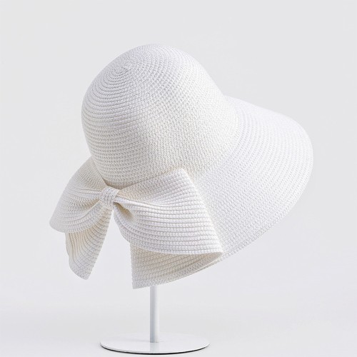 Women's wide-brimmed slit bow woven straw hat