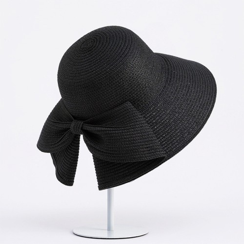 Women's wide-brimmed slit bow woven straw hat